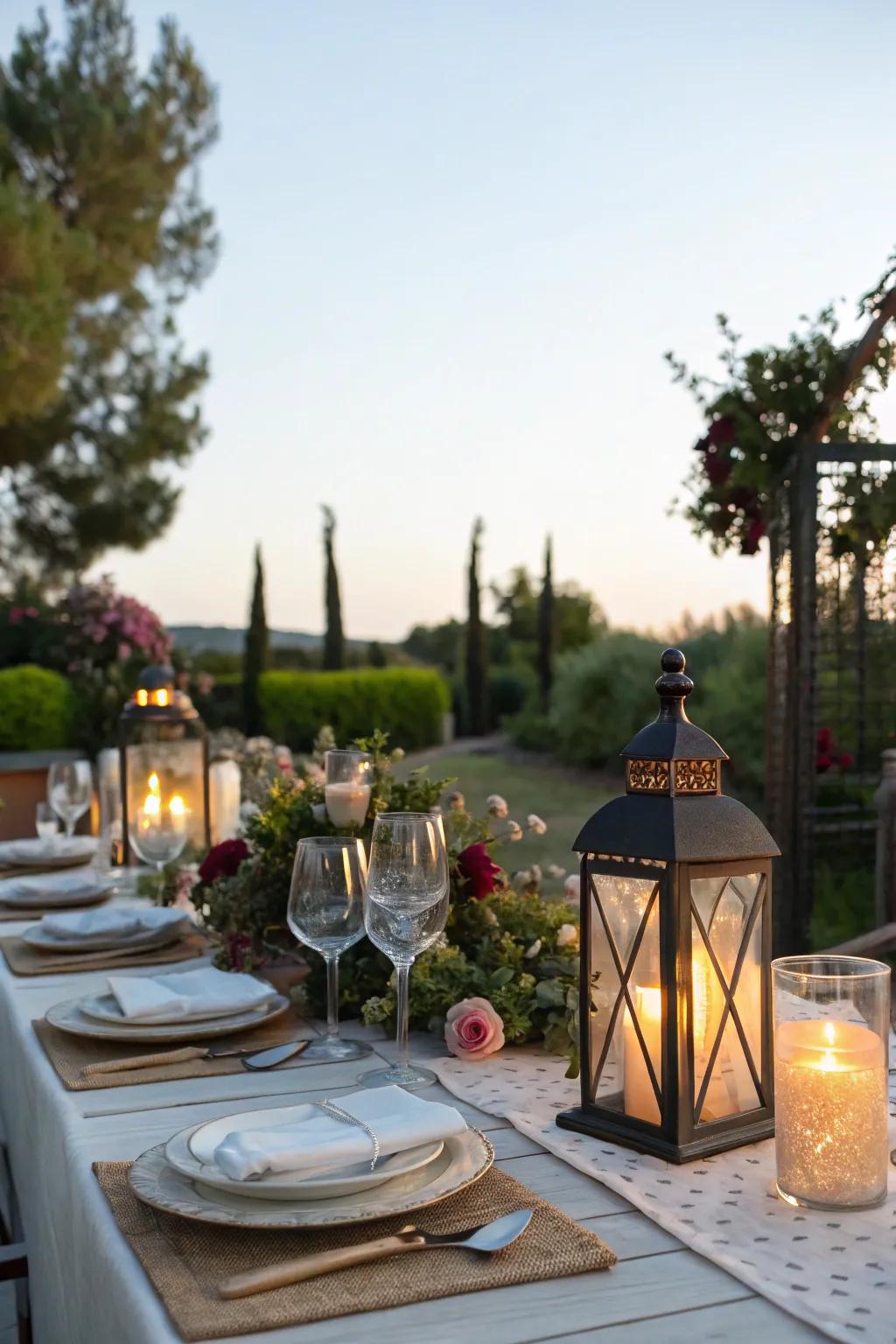Lanterns and candles enhance the ambiance of outdoor dining settings.