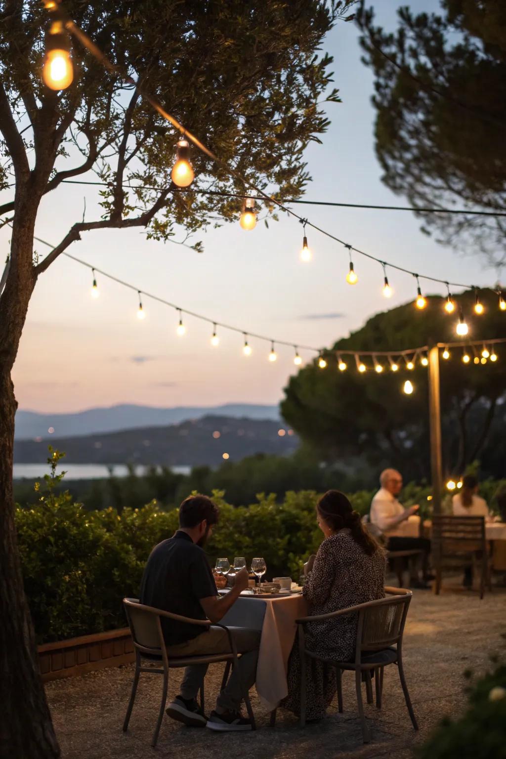 String lights add a touch of magic to outdoor dining settings.