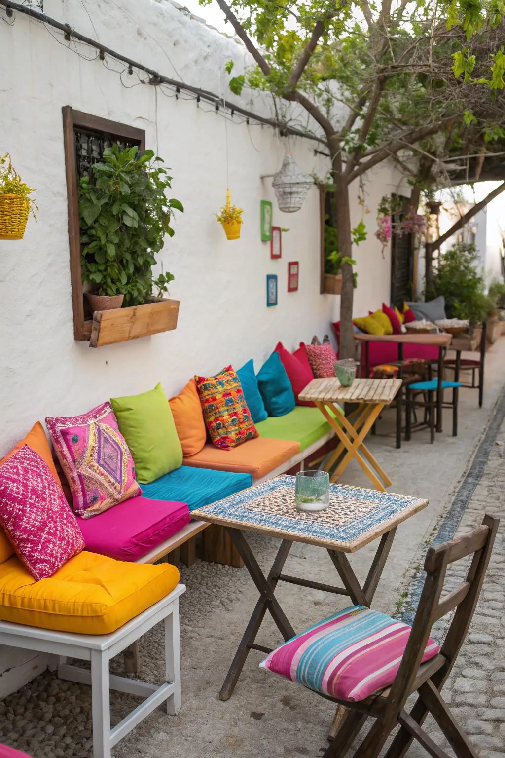 Vibrant cushions bring comfort and style to outdoor dining settings.