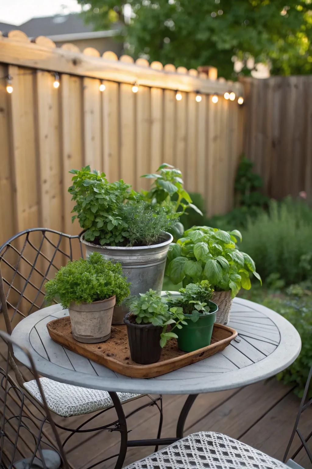 A tabletop herb garden doubles as a fragrant centerpiece and fresh ingredient source.