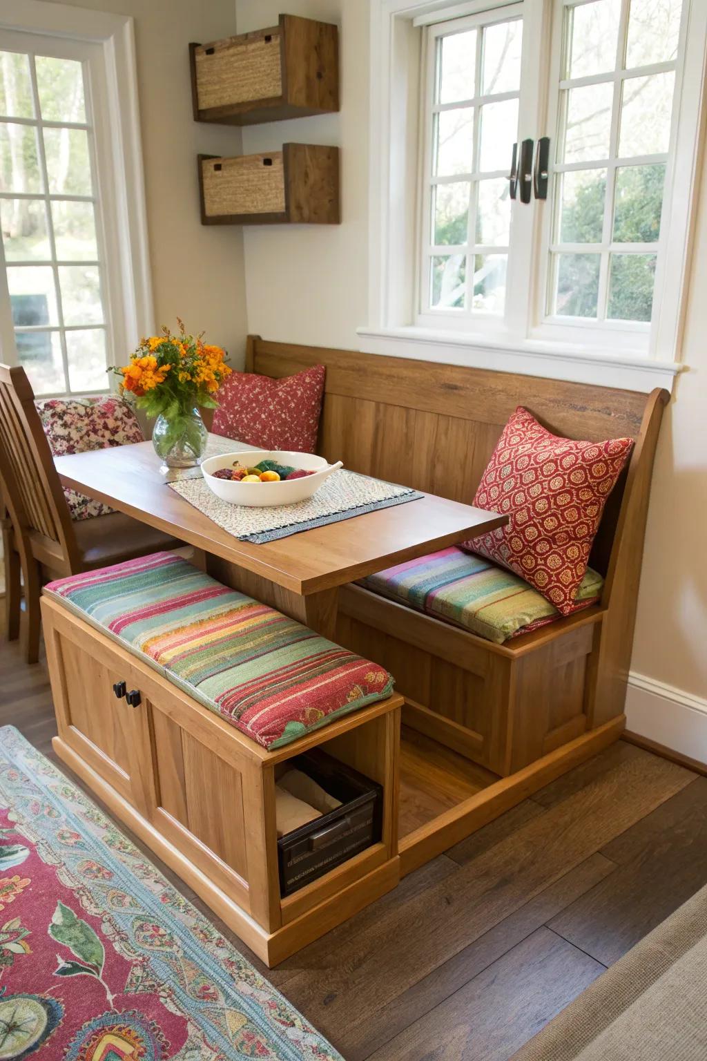 Hidden storage in benches helps maintain a clutter-free dining area.
