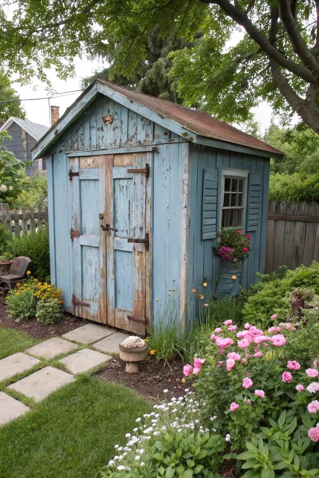 A vintage blue shed adds nostalgic charm to your garden.