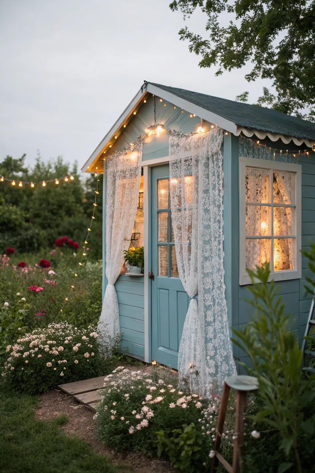 A whimsical blue she shed offers a magical garden retreat.