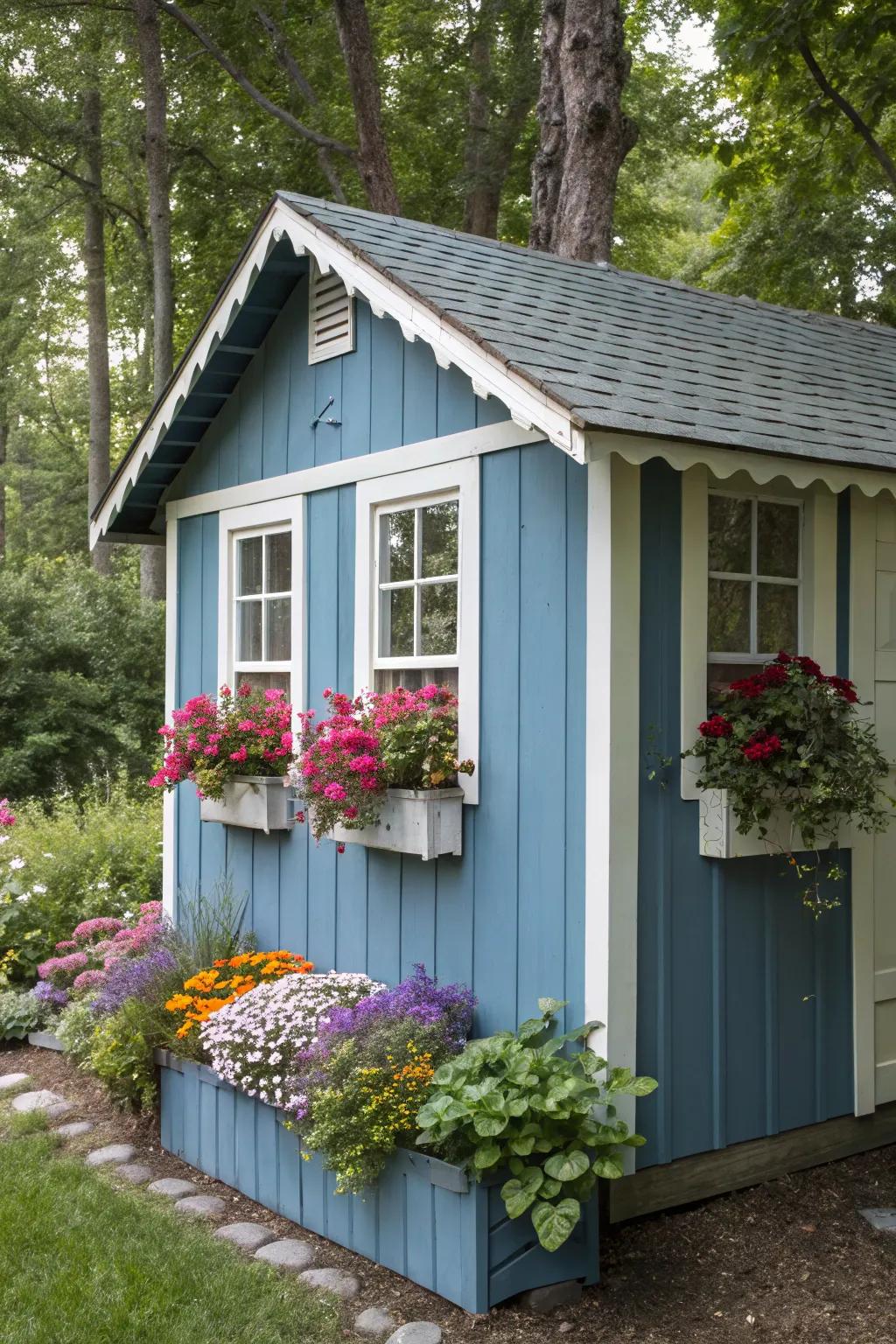 A blue shed with white accents creates a classic garden look.