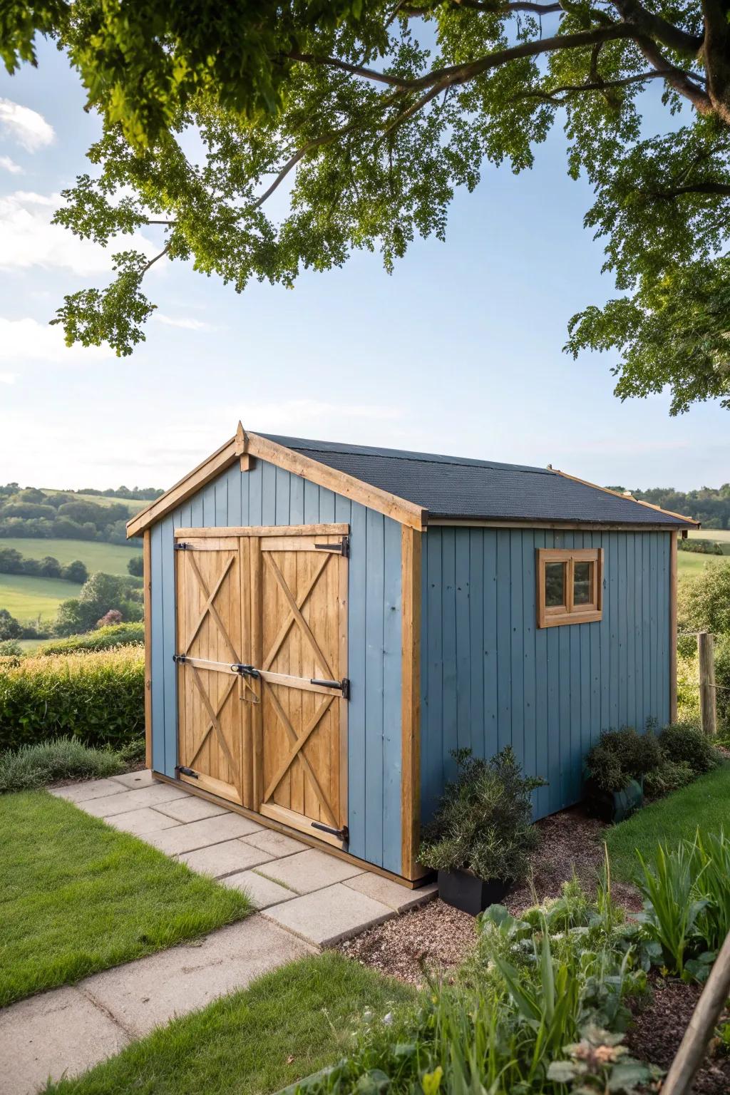 A barn-style blue shed adds rustic charm to your backyard.