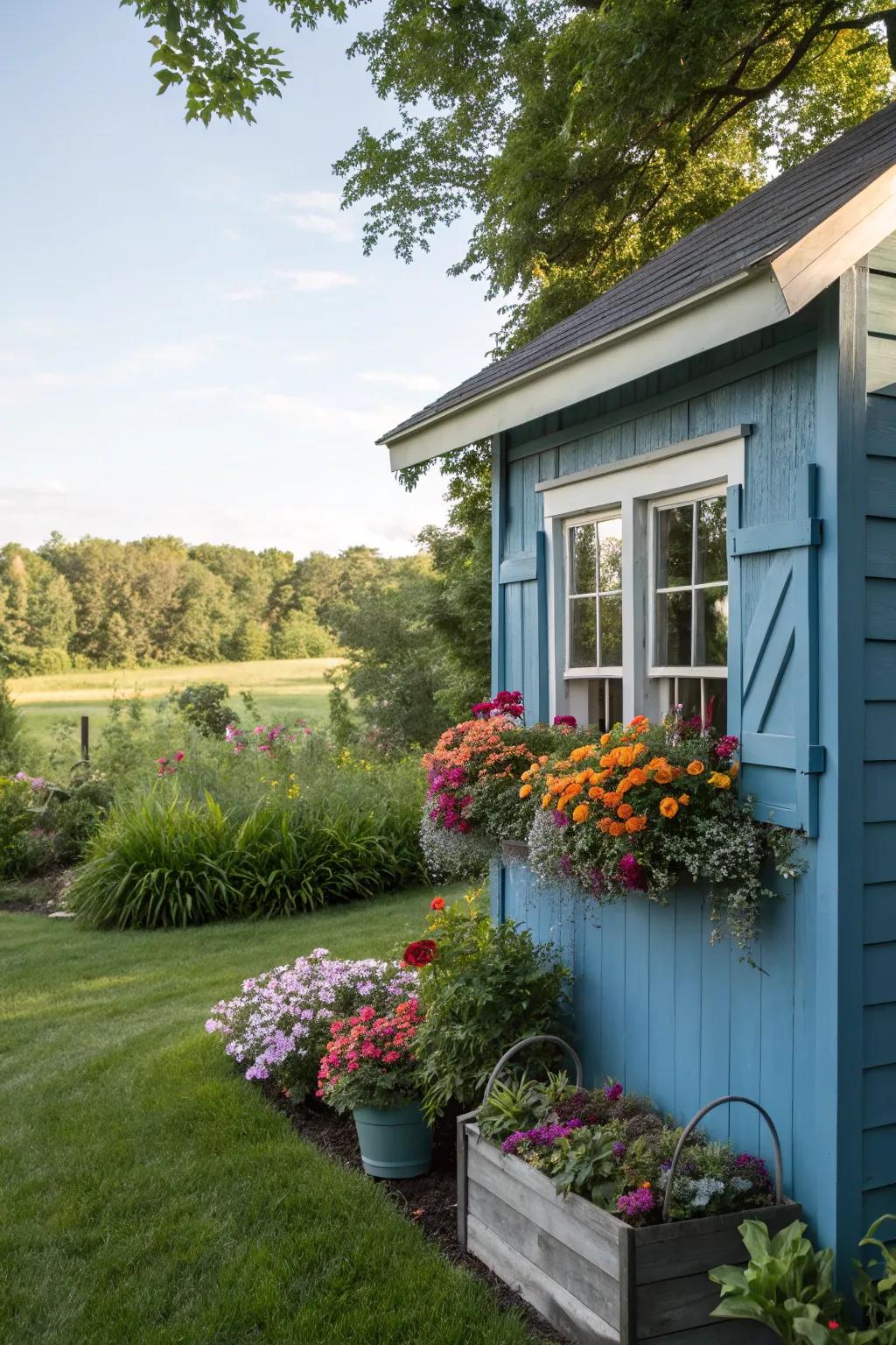Window boxes on a blue shed bring seasonal charm to your garden.