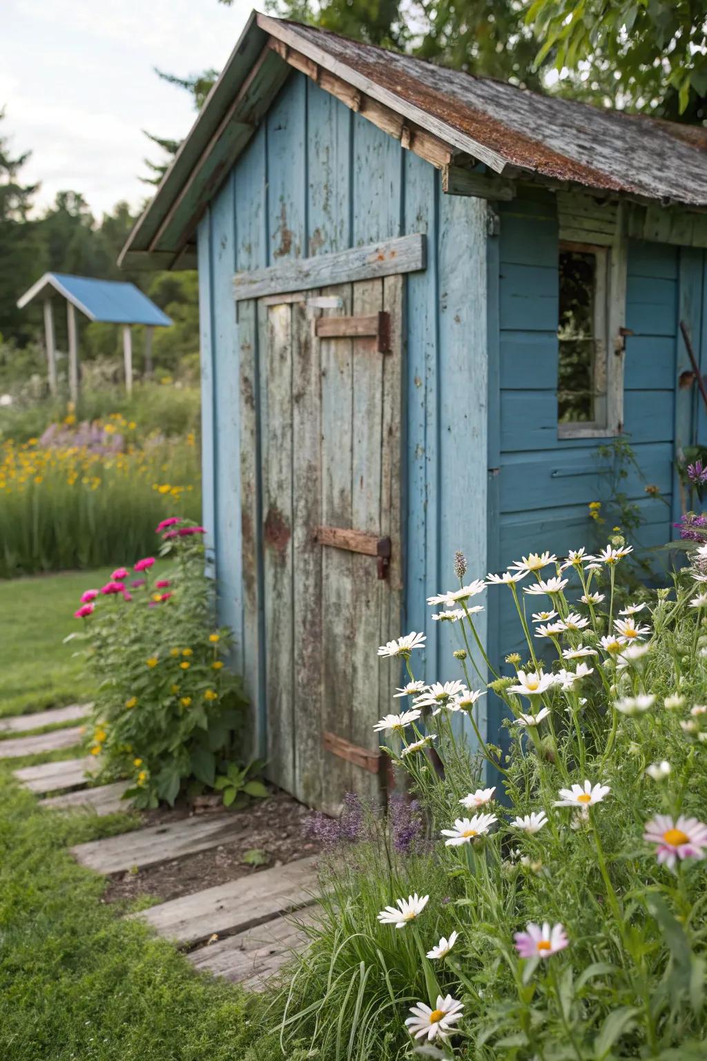 A weathered blue shed brings rustic charm to your backyard.