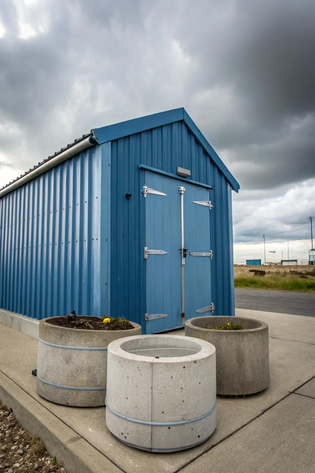 An industrial blue shed adds an urban edge to your garden.