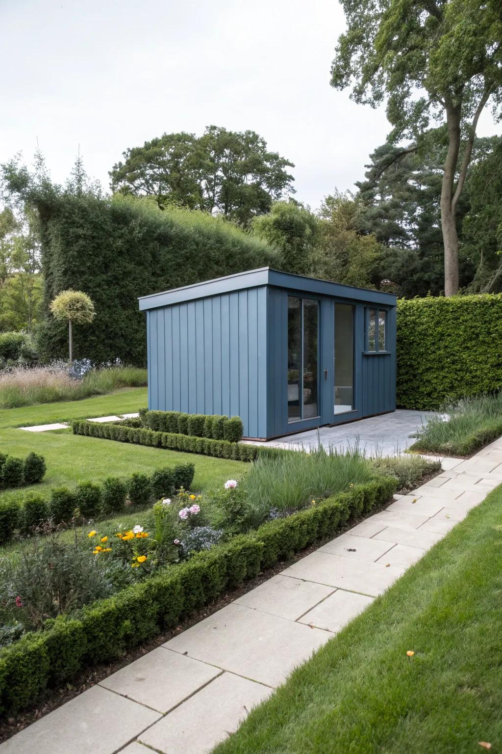 A sleek blue shed offers modern minimalism in your outdoor space.