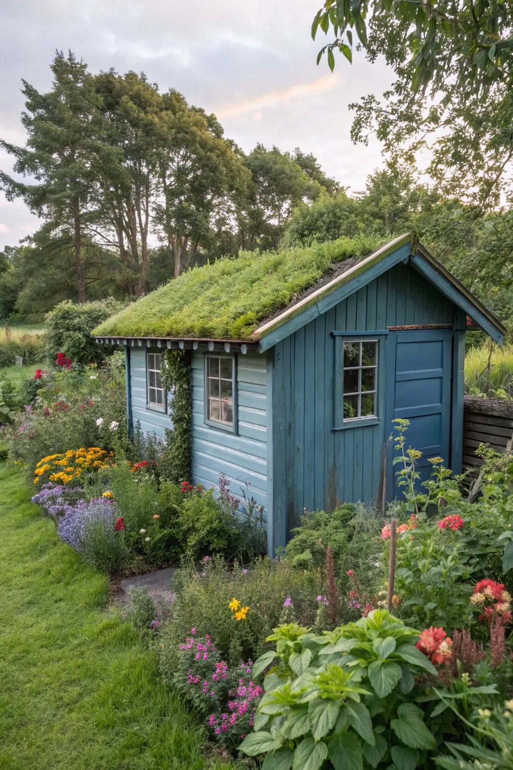 A blue shed with a green roof combines beauty and sustainability.