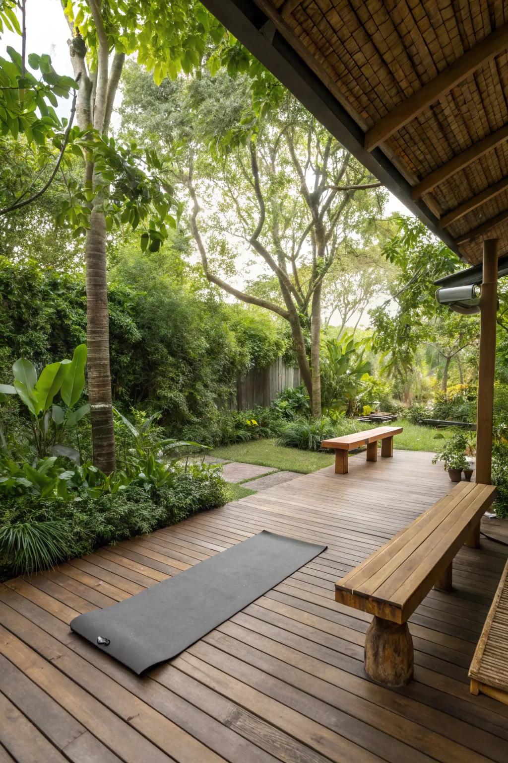 Natural wood creates a warm and inviting yoga space.