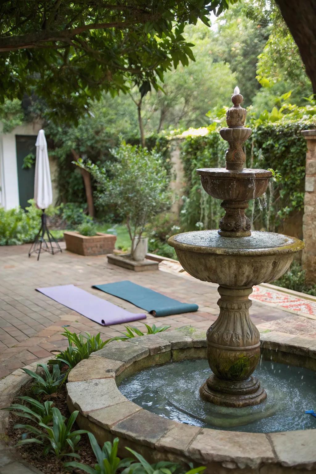 A water feature creates a calming atmosphere in your yoga garden.