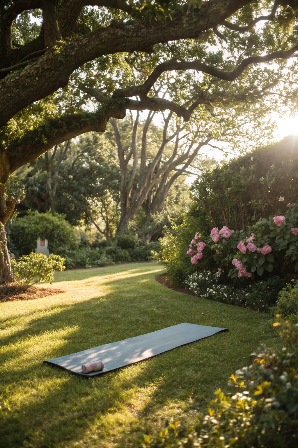 Trees provide natural shade and tranquility for your yoga garden.