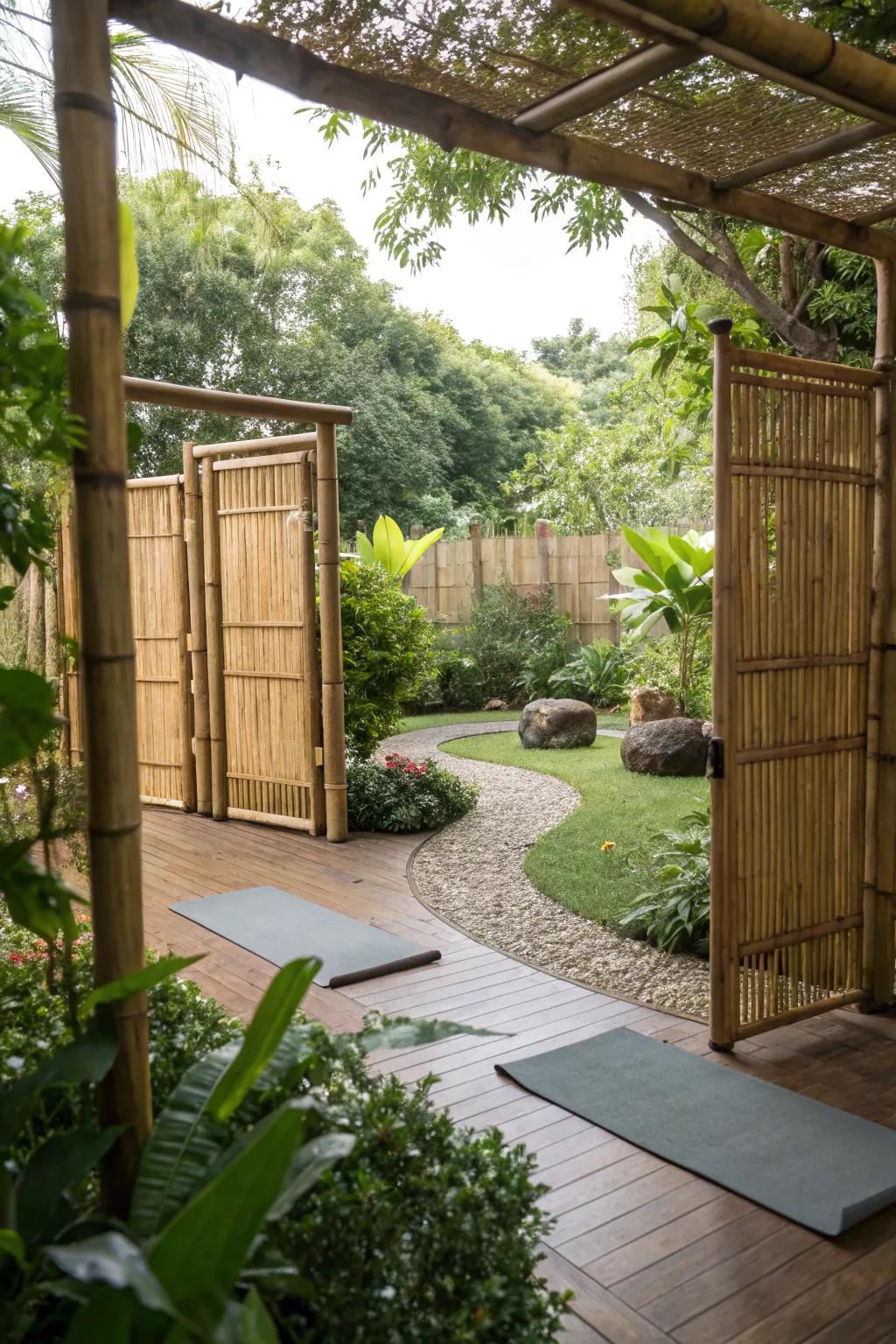 Bamboo screens create a private oasis for your yoga practice.