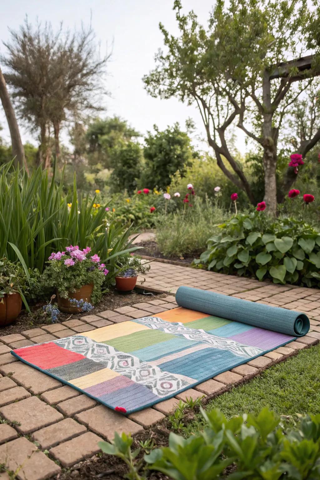 Colorful rugs add vibrancy and comfort to your yoga garden.