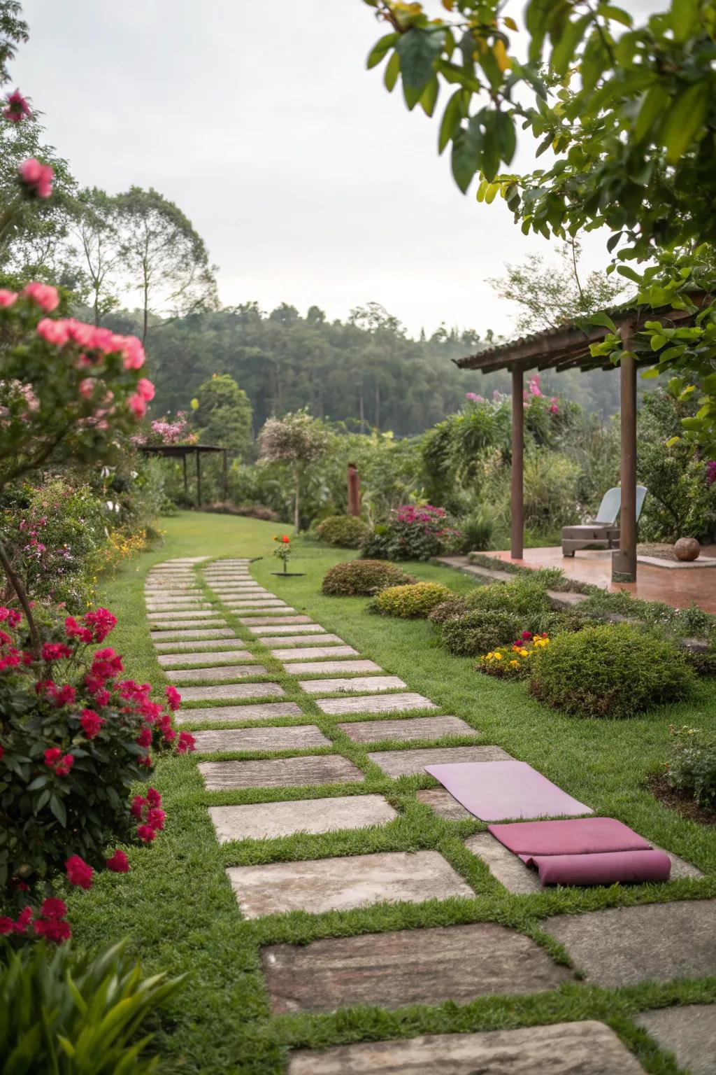 Stone pathways add a natural aesthetic to your garden yoga space.