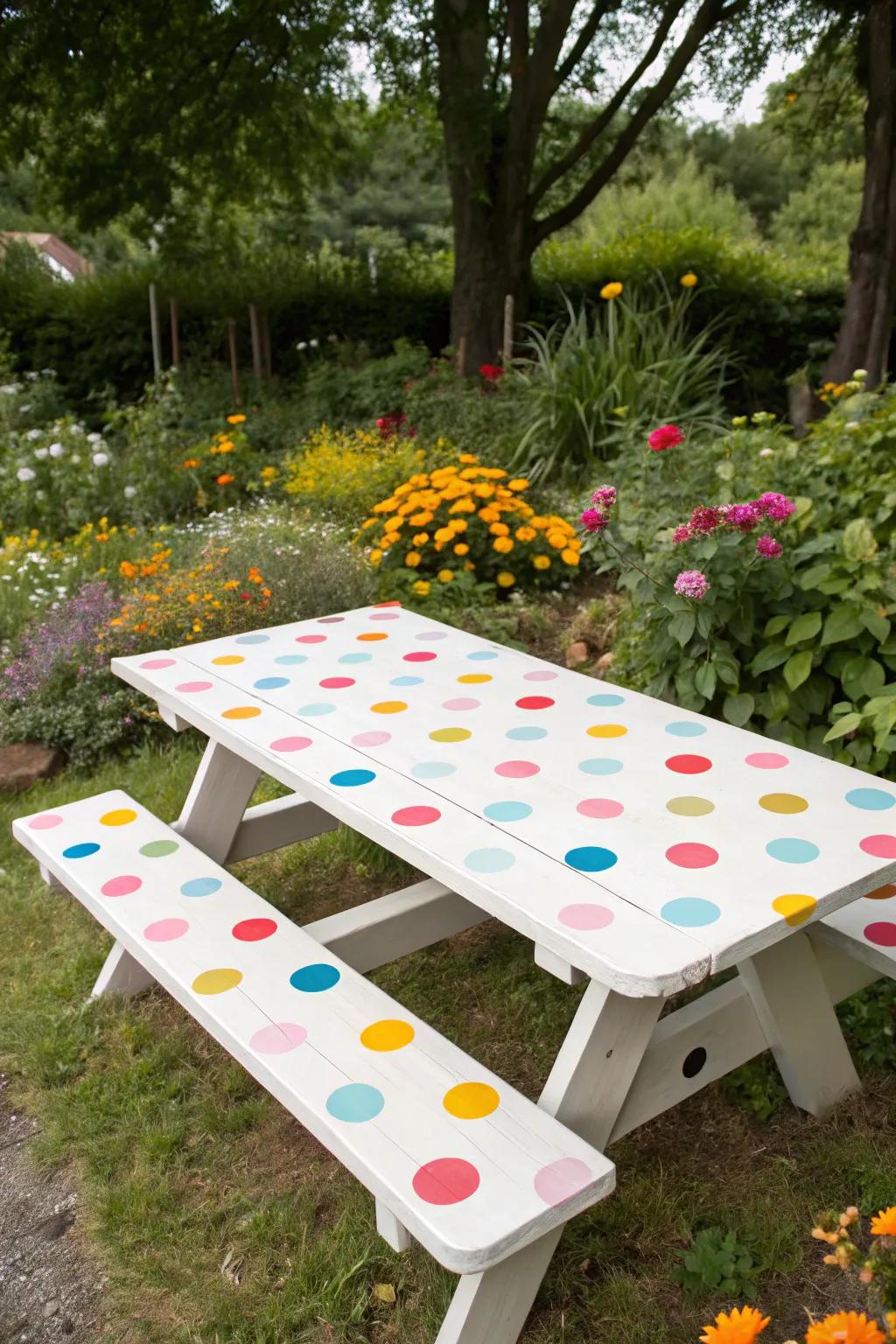Polka dots add a whimsical touch to this table.