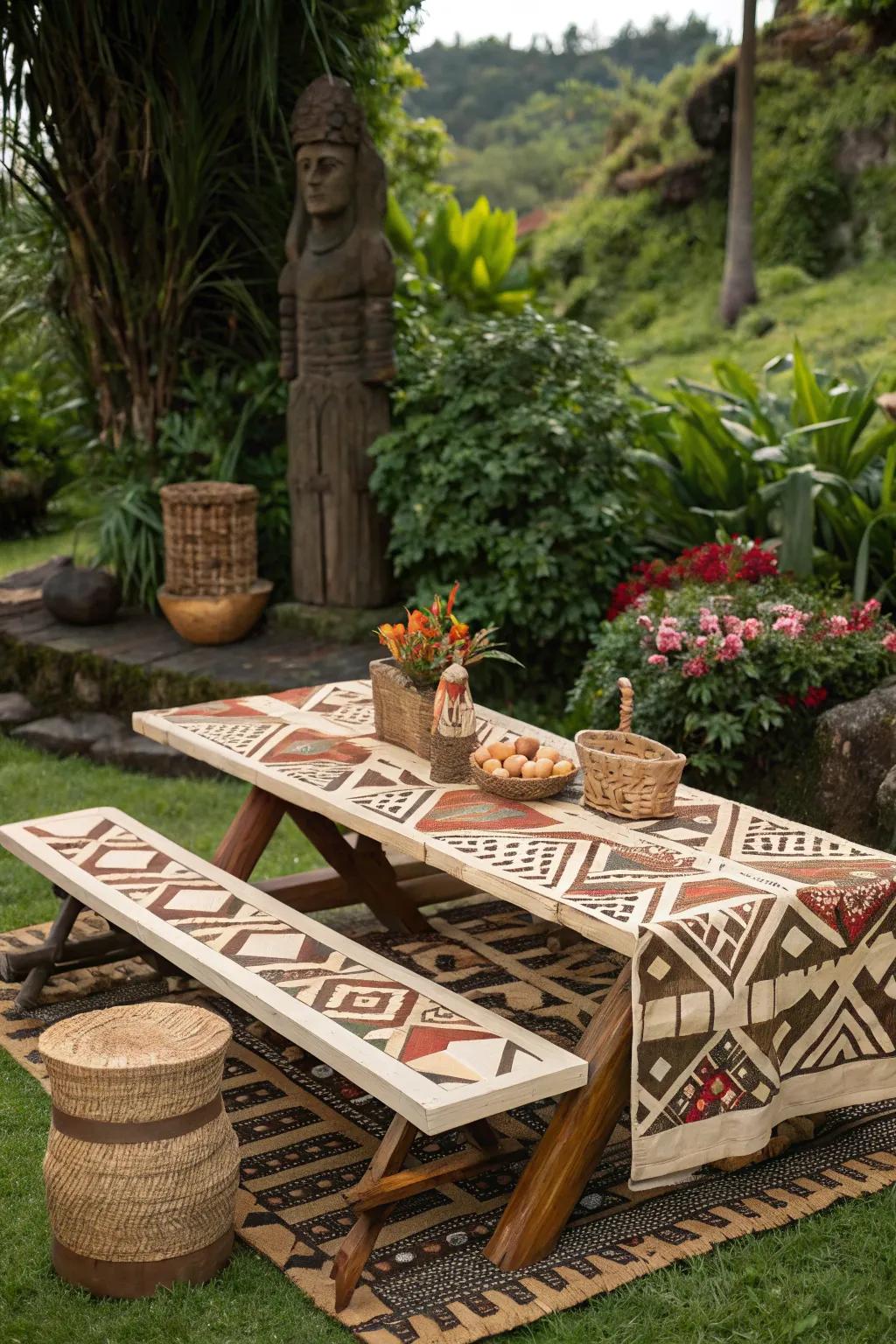 Tribal patterns add a bold cultural touch.