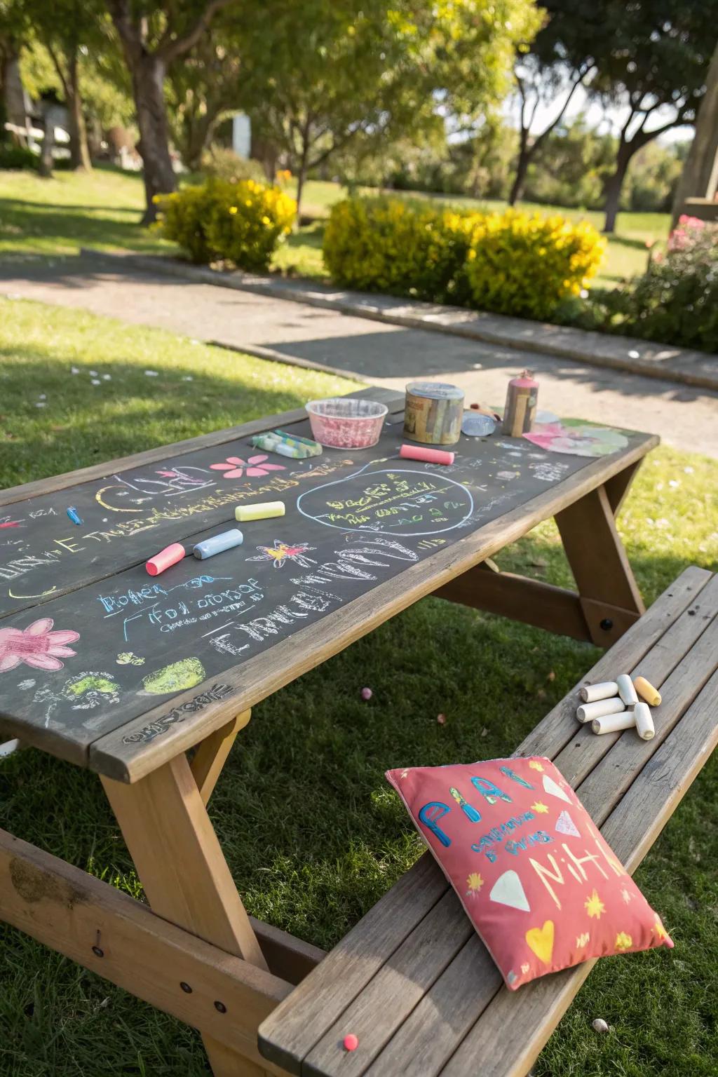 A chalkboard surface invites creativity and fun.