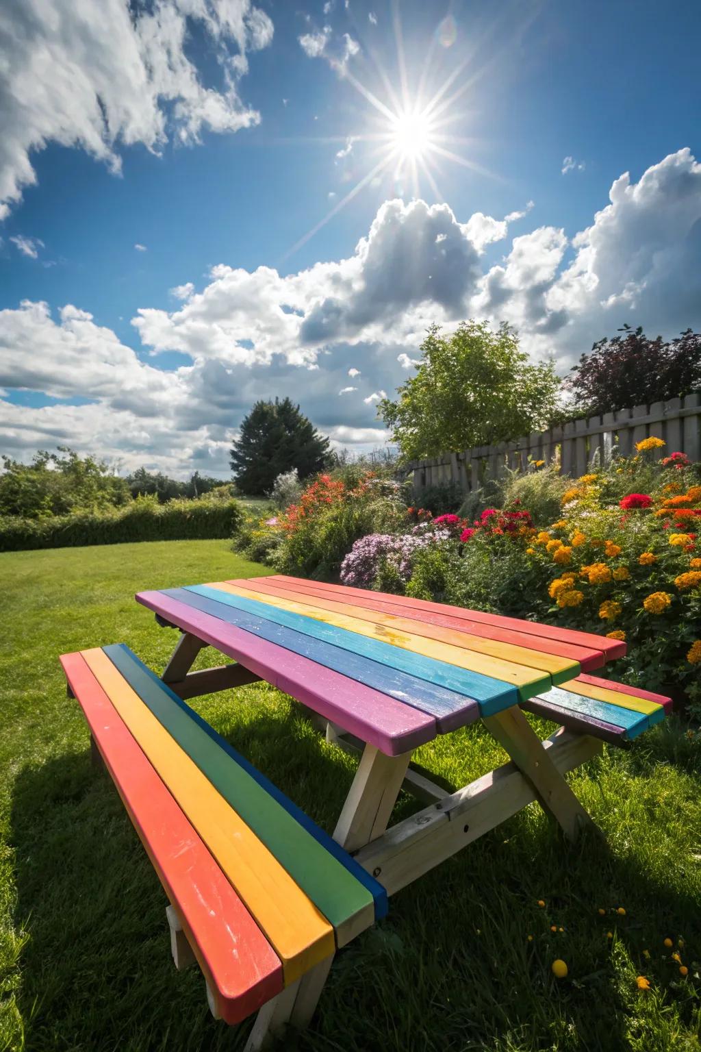 Rainbow stripes add a playful touch to this picnic table.