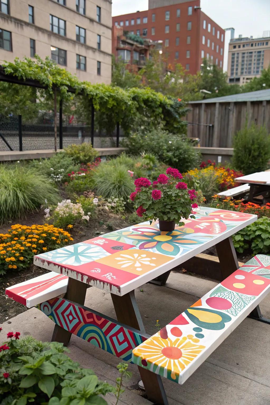 Abstract patterns turn this picnic table into a piece of art.