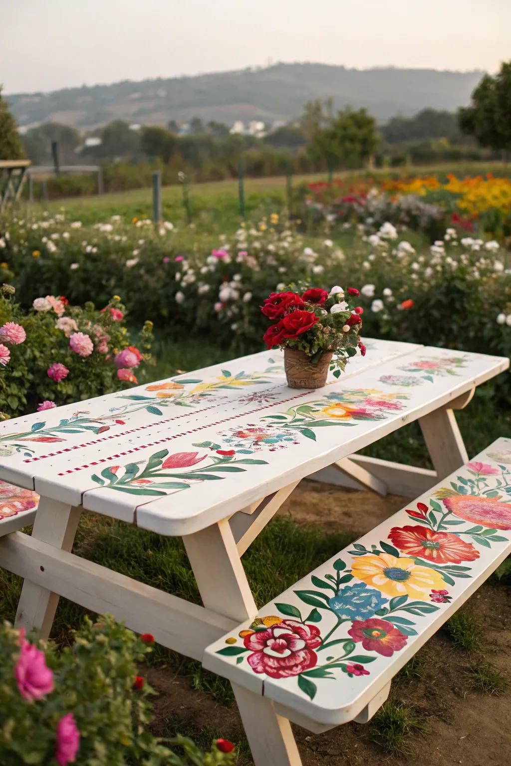 Floral motifs add a touch of nature to this picnic table.
