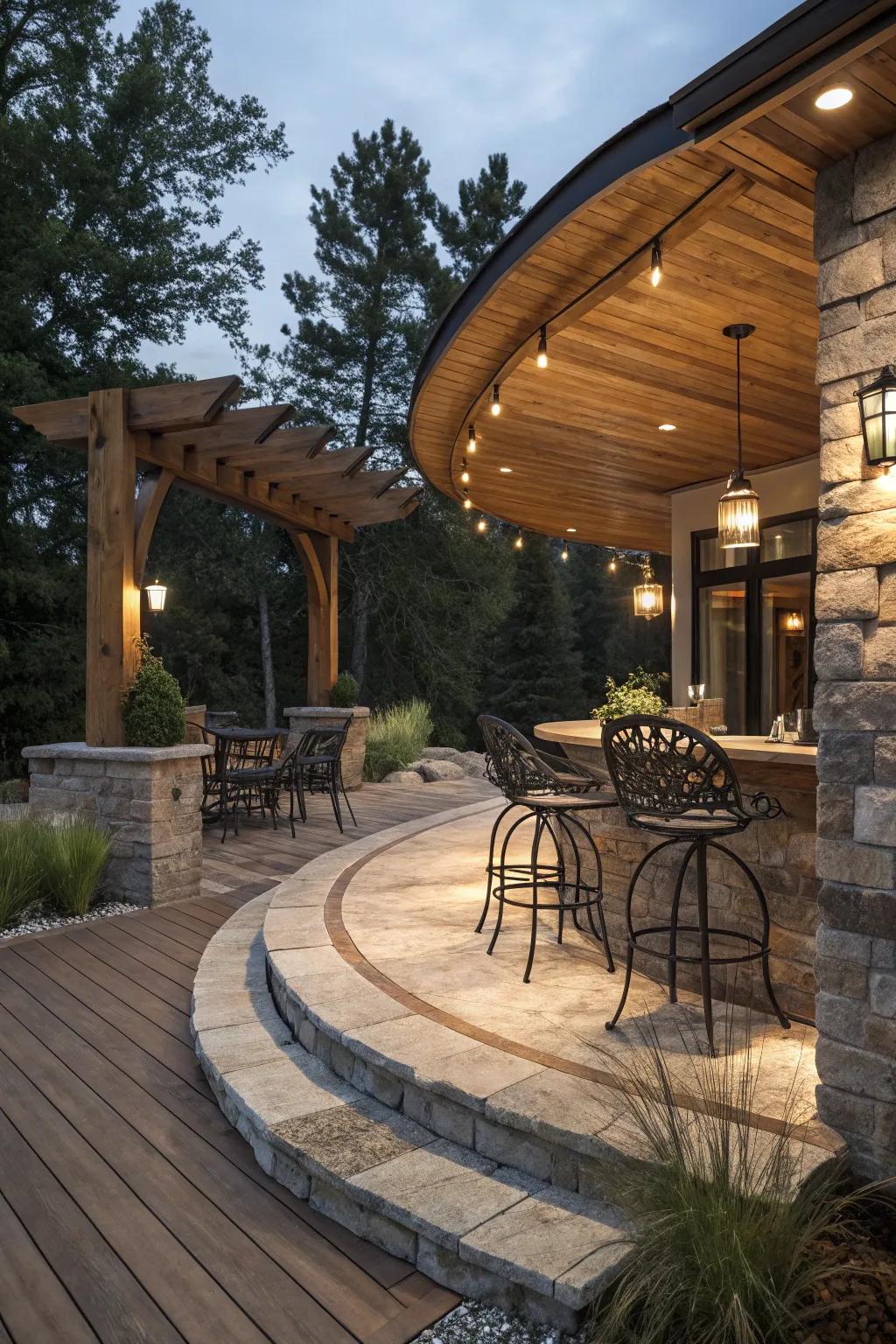 A mix of textures creates a visually dynamic half-moon patio