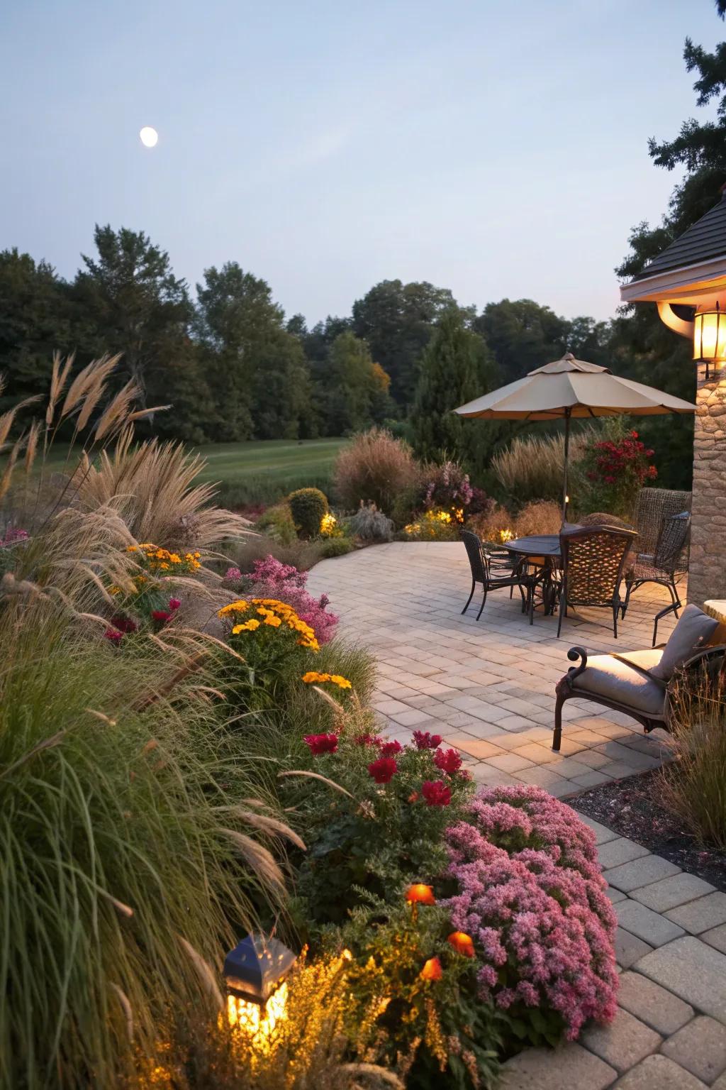 Lush greenery frames this inviting half-moon patio