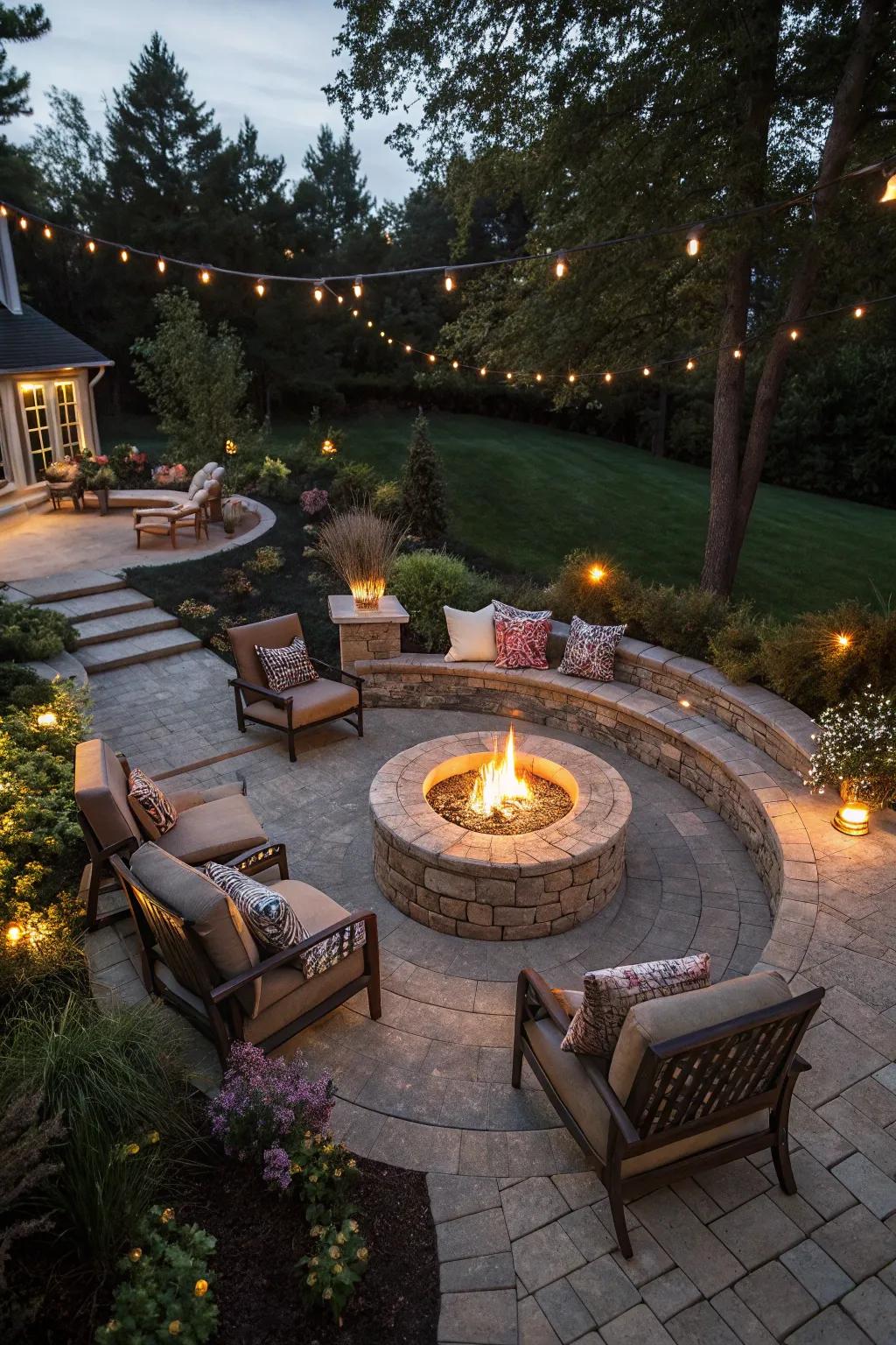 Central fire pit enhances the warmth and ambiance of a half-moon patio
