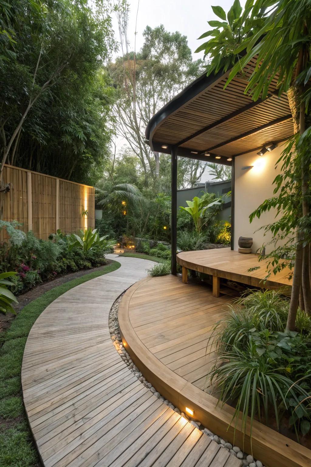 Eco-friendly materials like bamboo enhance the sustainability of a half-moon patio