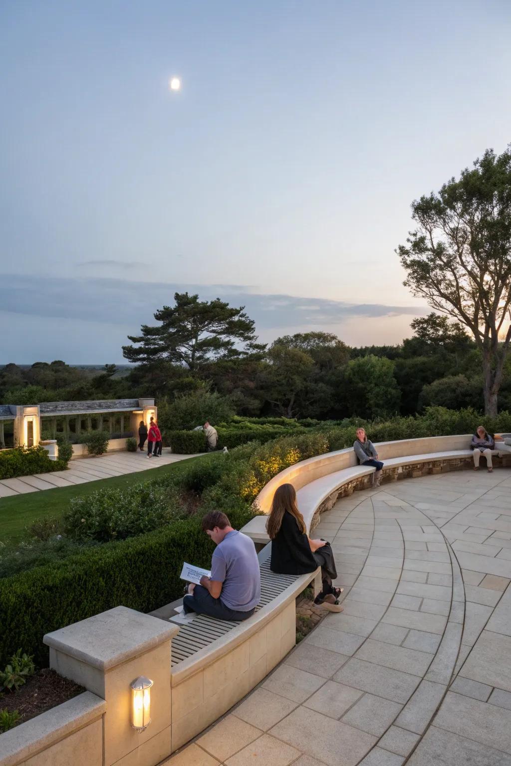 Built-in benches offer seamless seating along a half-moon patio