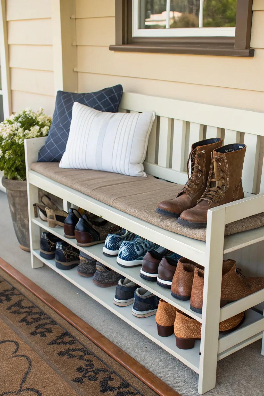 Tidy up your porch with an under-bench shoe rack.