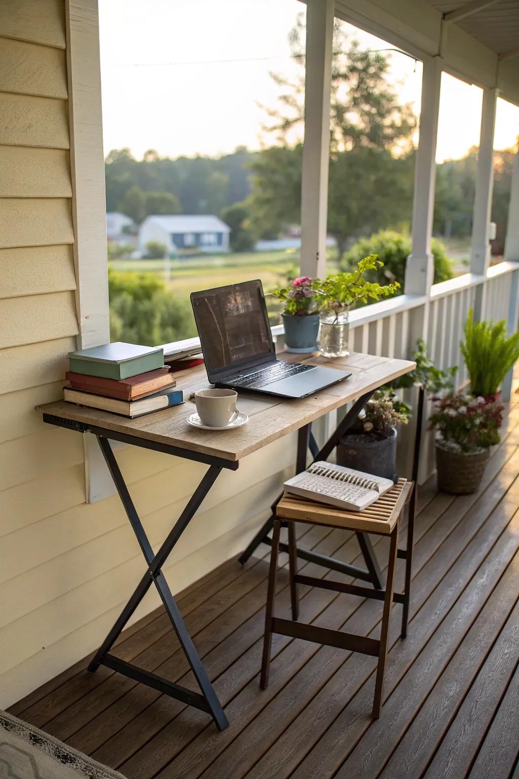 Create a flexible workspace with a folding wall desk on your porch.