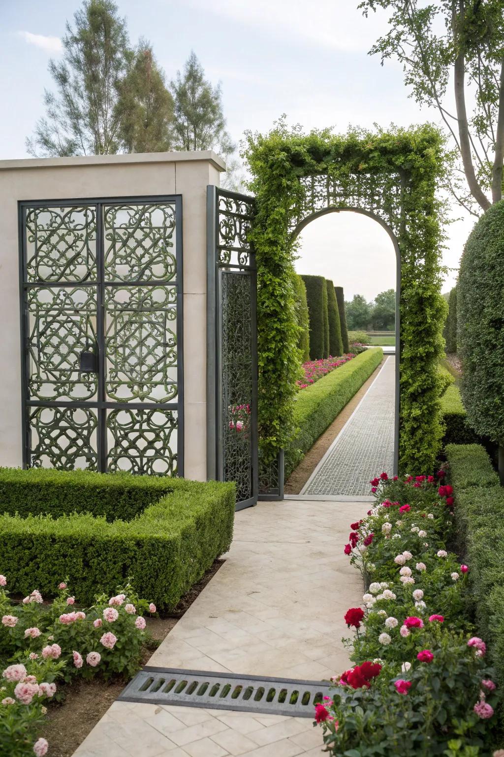 Geometric patterns bring a modern touch to this garden gate.