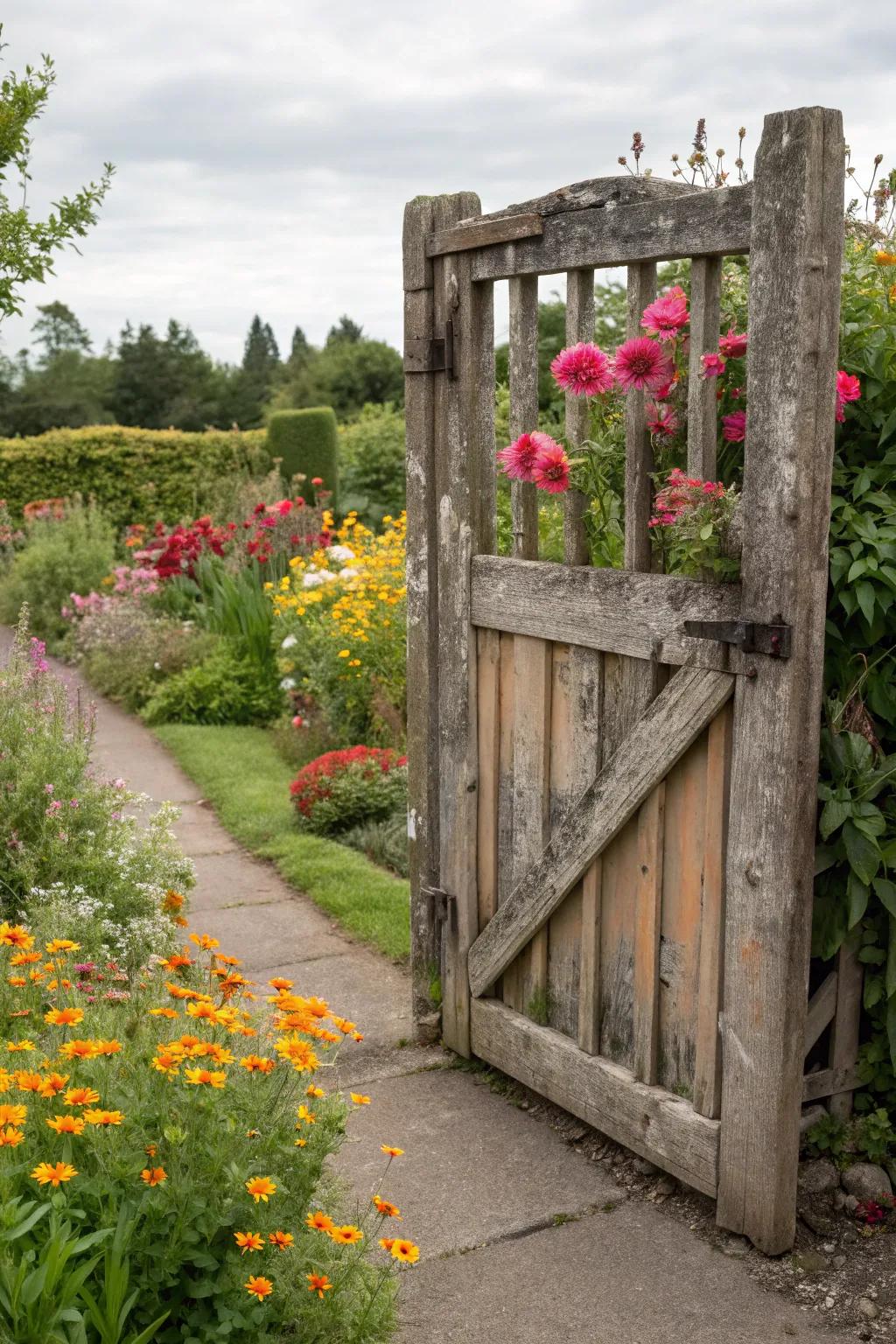A recycled door adds vintage charm and history to your garden entrance.
