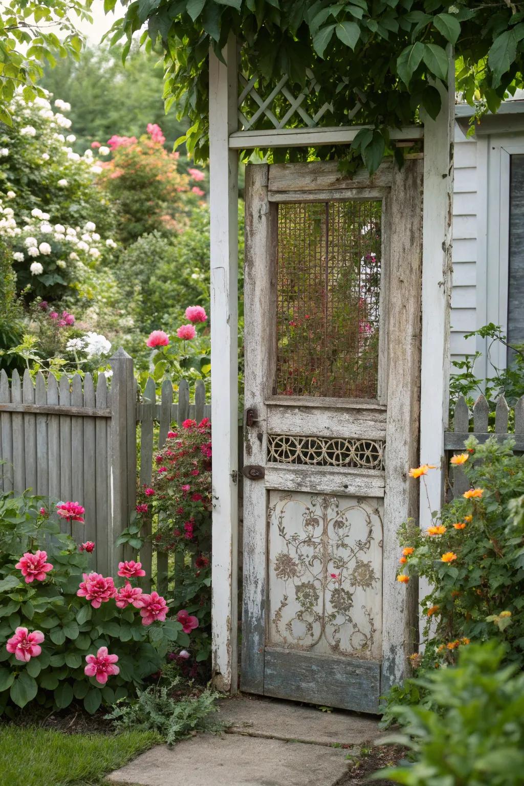 A vintage screen door offers a whimsical gateway into your garden.