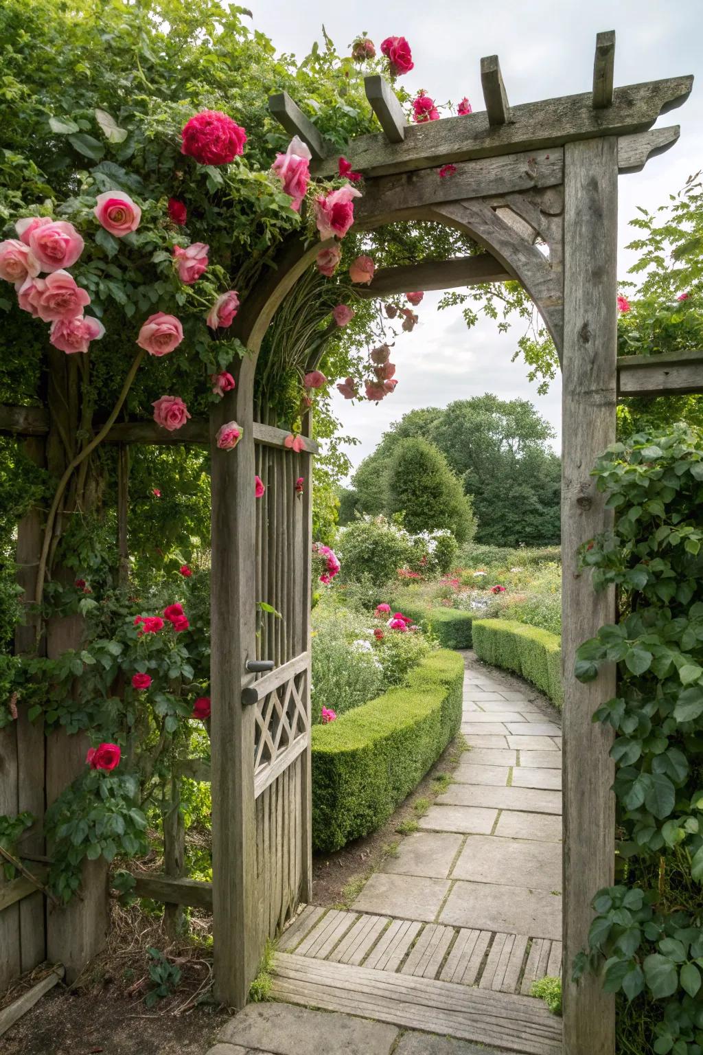A wooden archway adorned with climbing roses creates a romantic entrance.