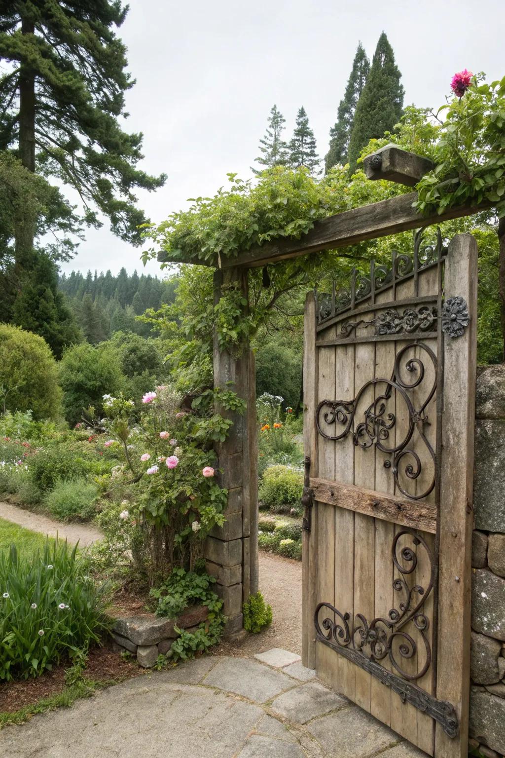 Rustic charm meets elegance with this wooden gate adorned with iron details.
