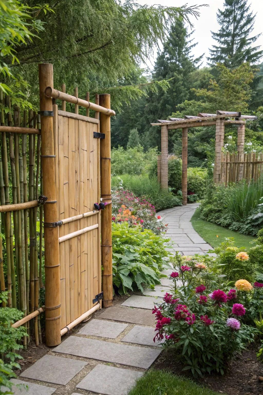 Bamboo and wood combine for an exotic garden entrance.