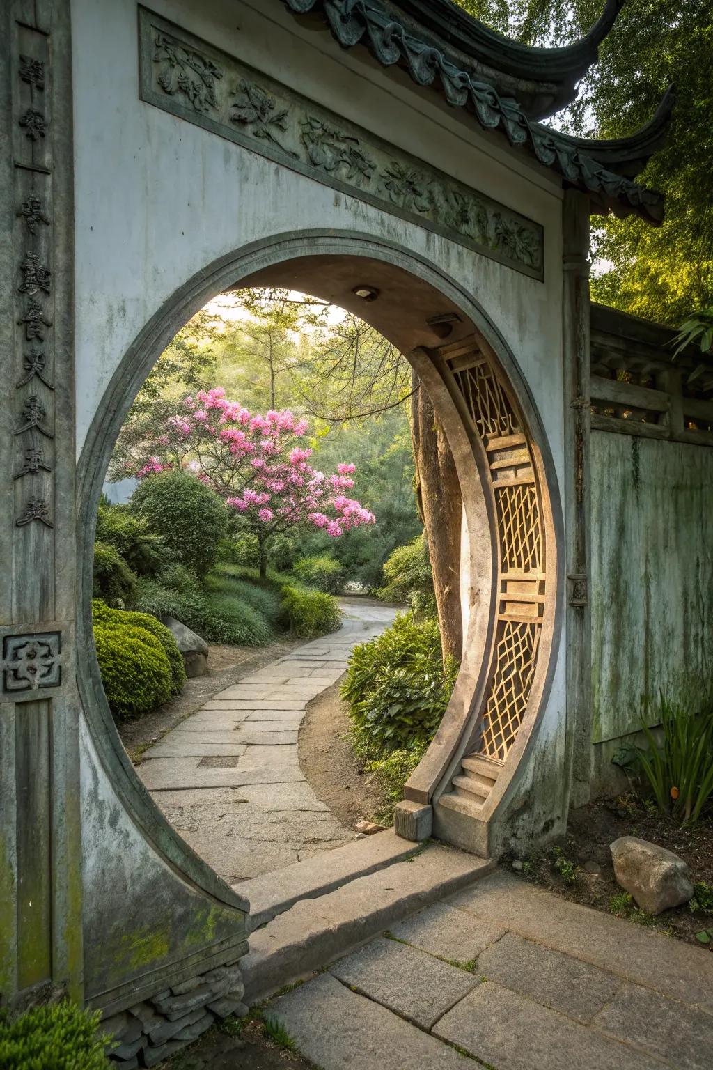 A moon gate offers a mystical and inviting entrance.