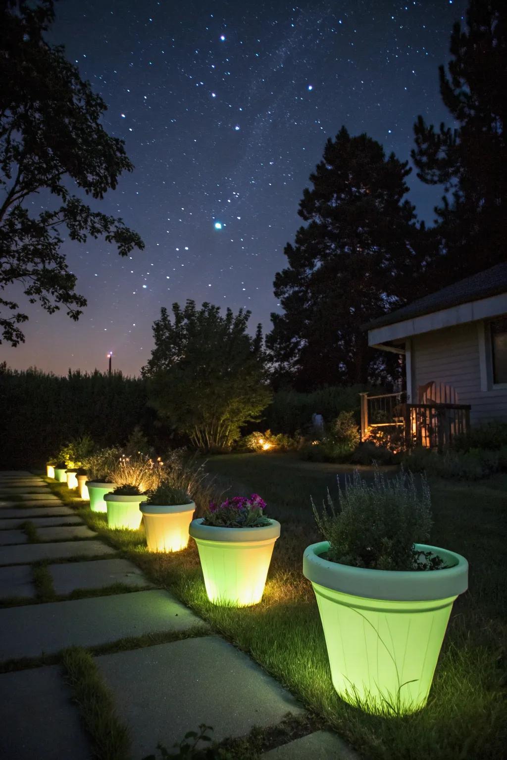 Planters painted with glow-in-the-dark paint, adding a vibrant glow to the garden.