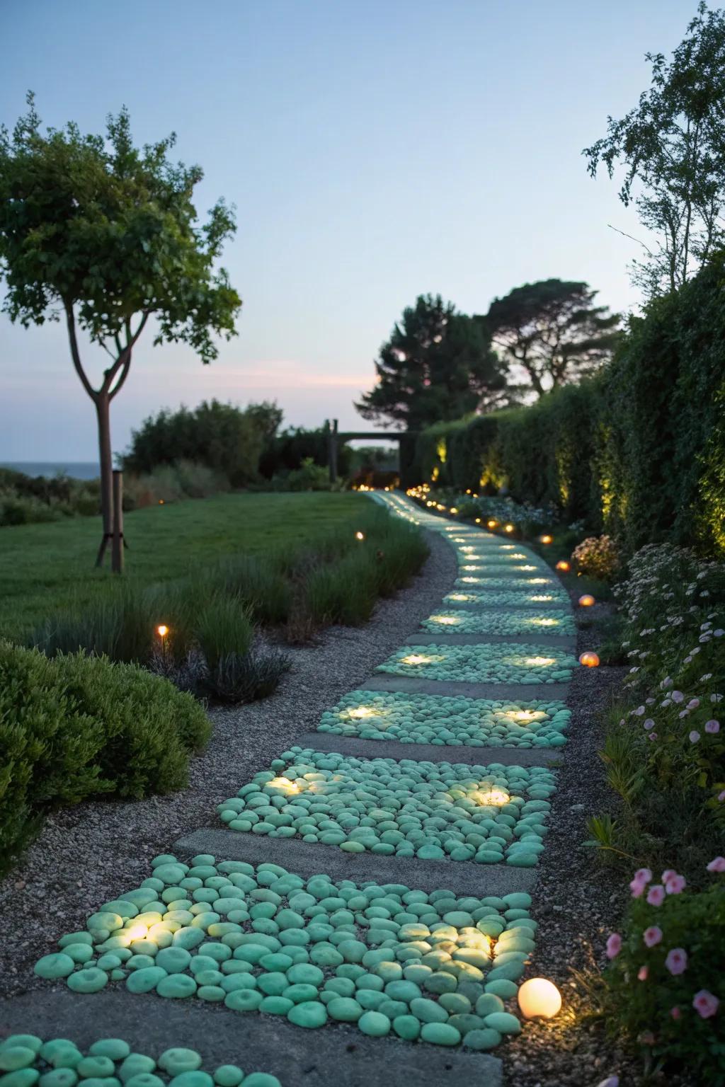 A garden path illuminated by glow-in-the-dark pebbles, offering a magical nighttime experience.
