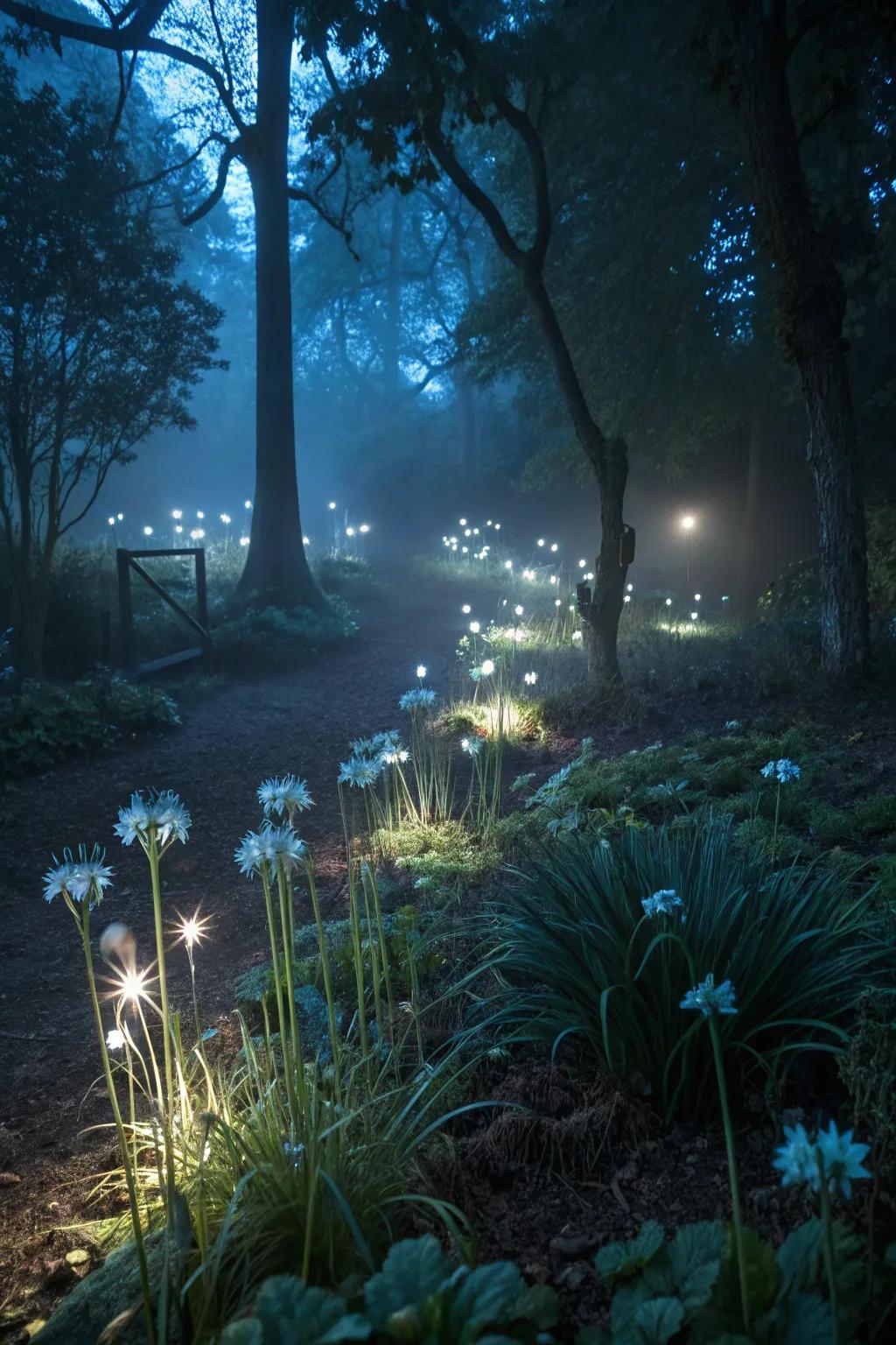 Bioluminescent ghost plants creating an ethereal glow in the garden.