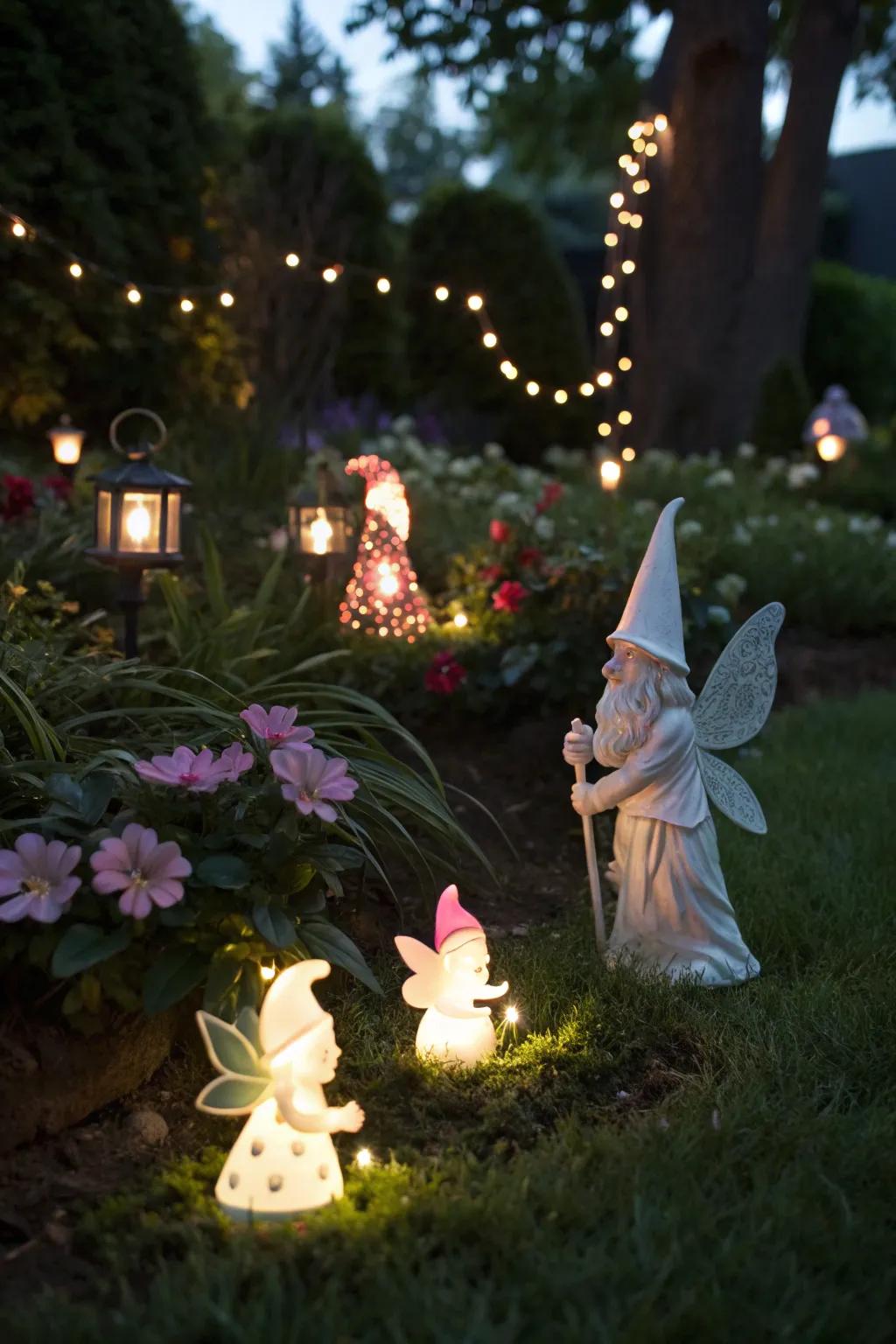 Glow-in-the-dark garden ornaments adding a playful and magical touch.