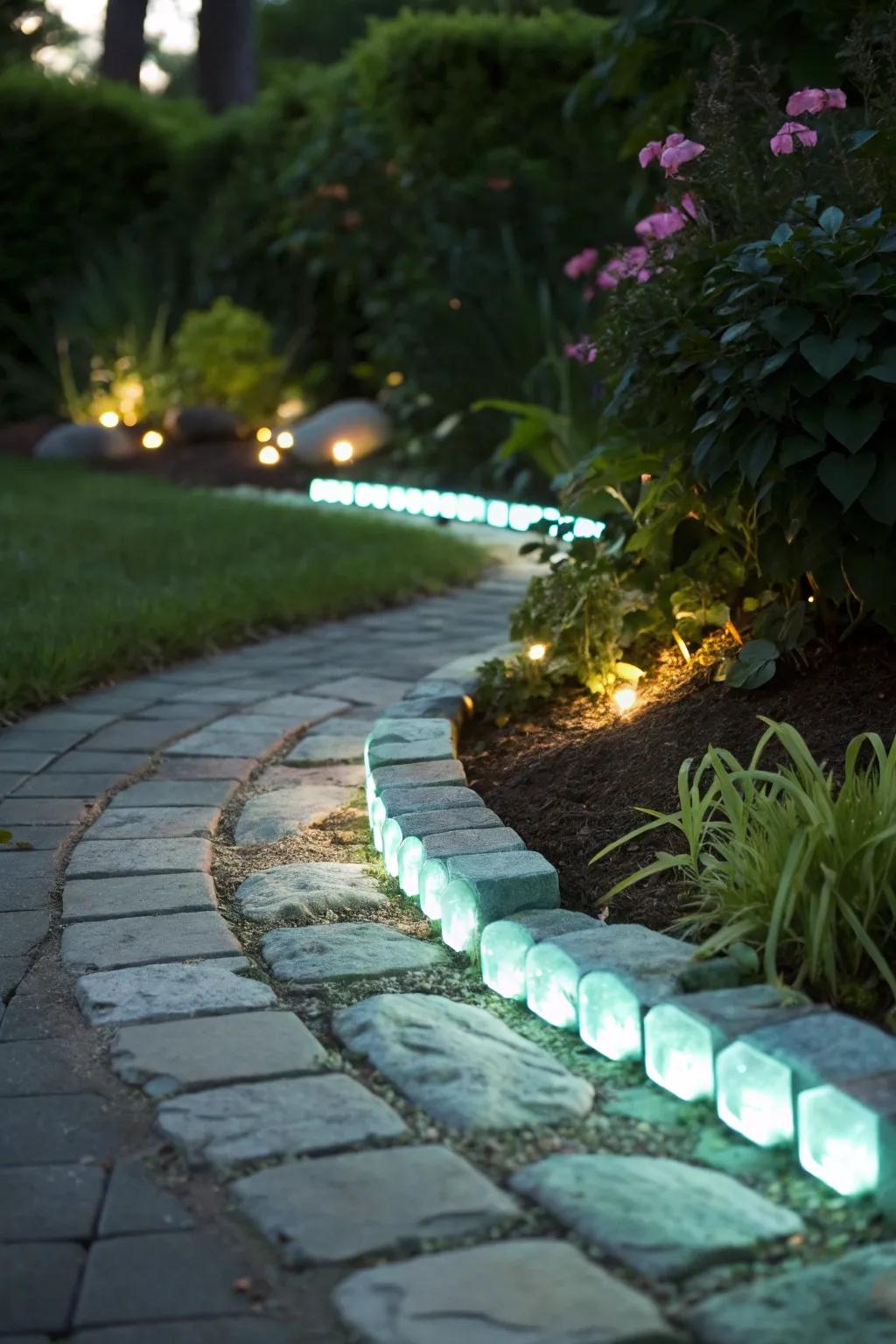 Glow-in-the-dark stones lining garden borders, adding structure and light.