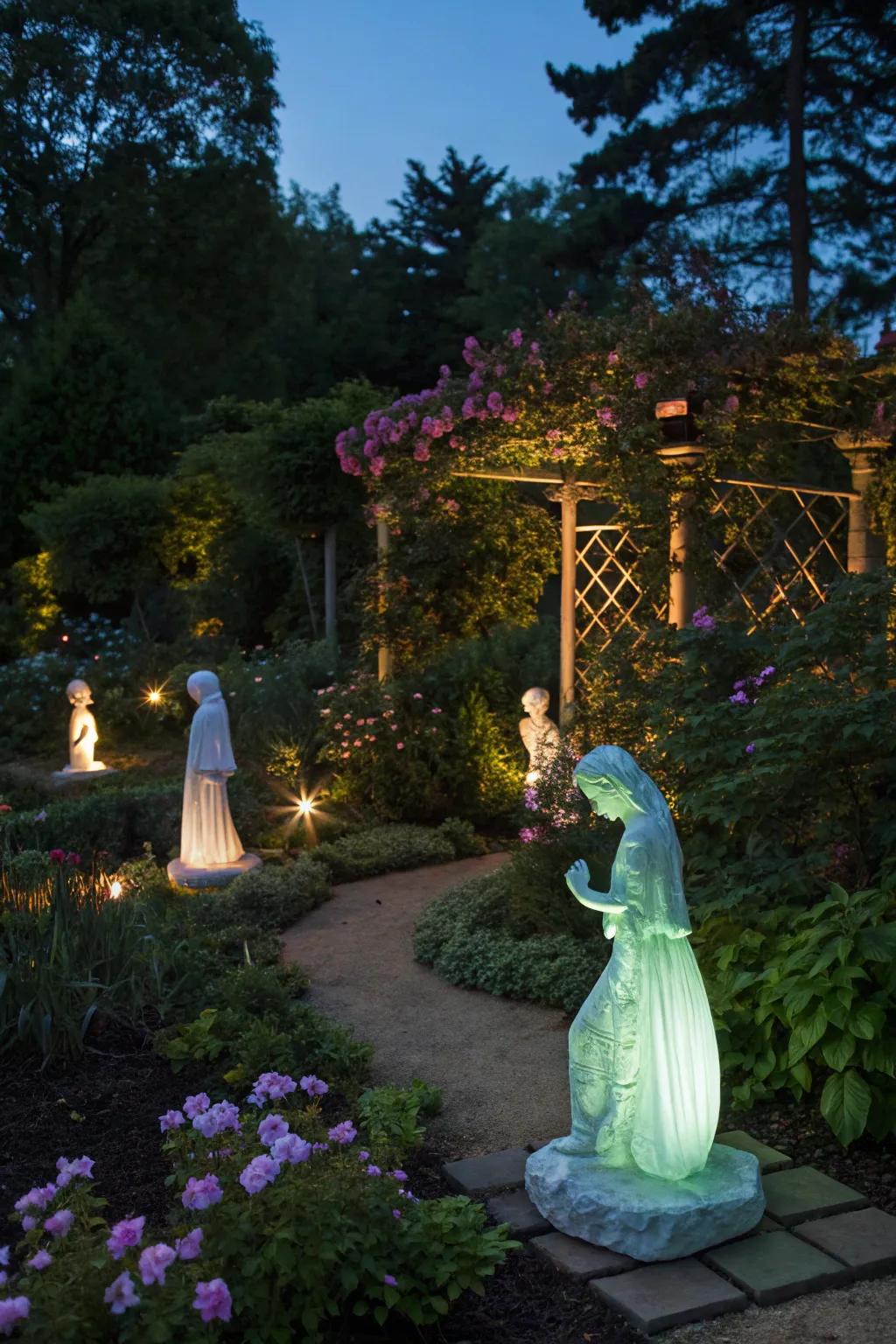Glow-in-the-dark sculptures becoming captivating works of art in the garden.