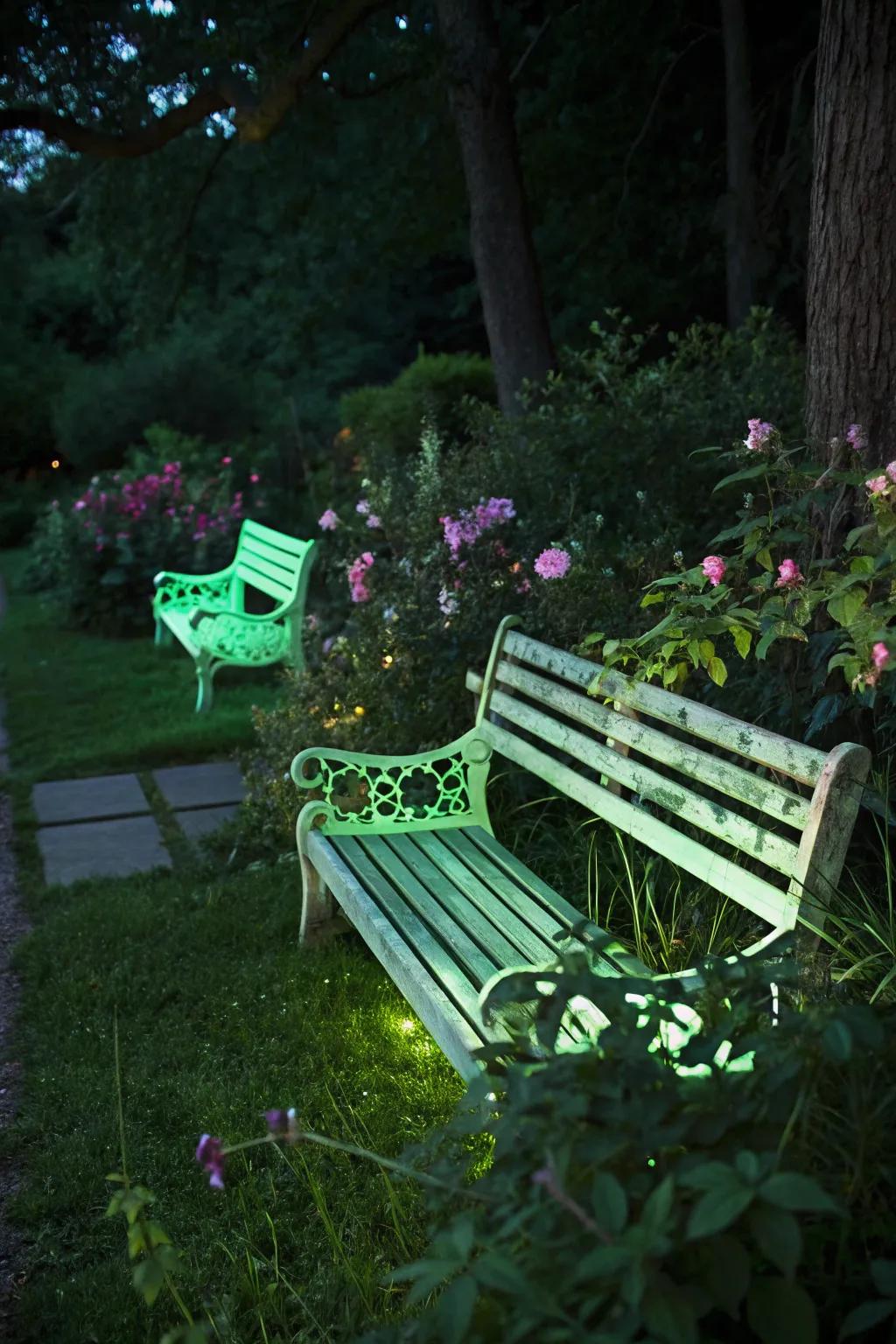 Glow-in-the-dark painted garden benches enhancing the seating area with light.