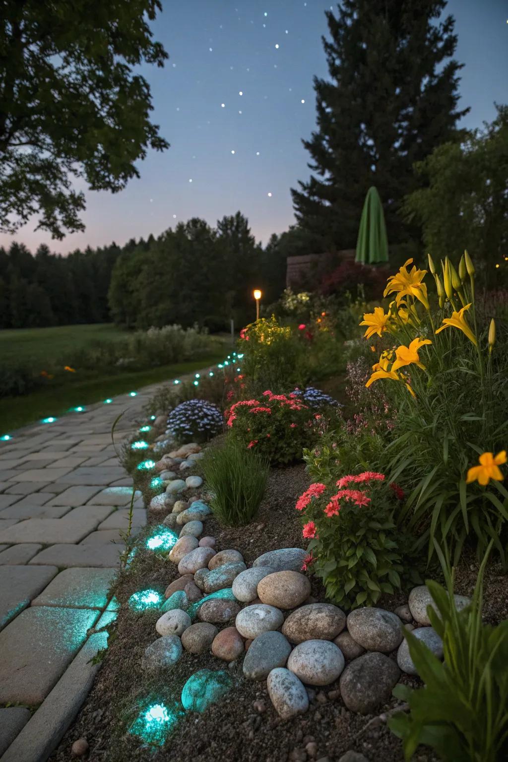 Flower beds adorned with glow stones, casting a gentle glow over the garden.