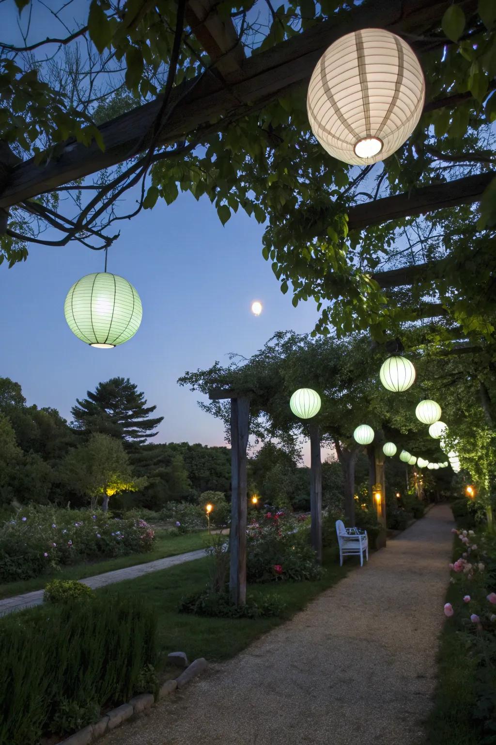 Glow-in-the-dark lanterns hanging in the garden, creating a cozy and intimate atmosphere.