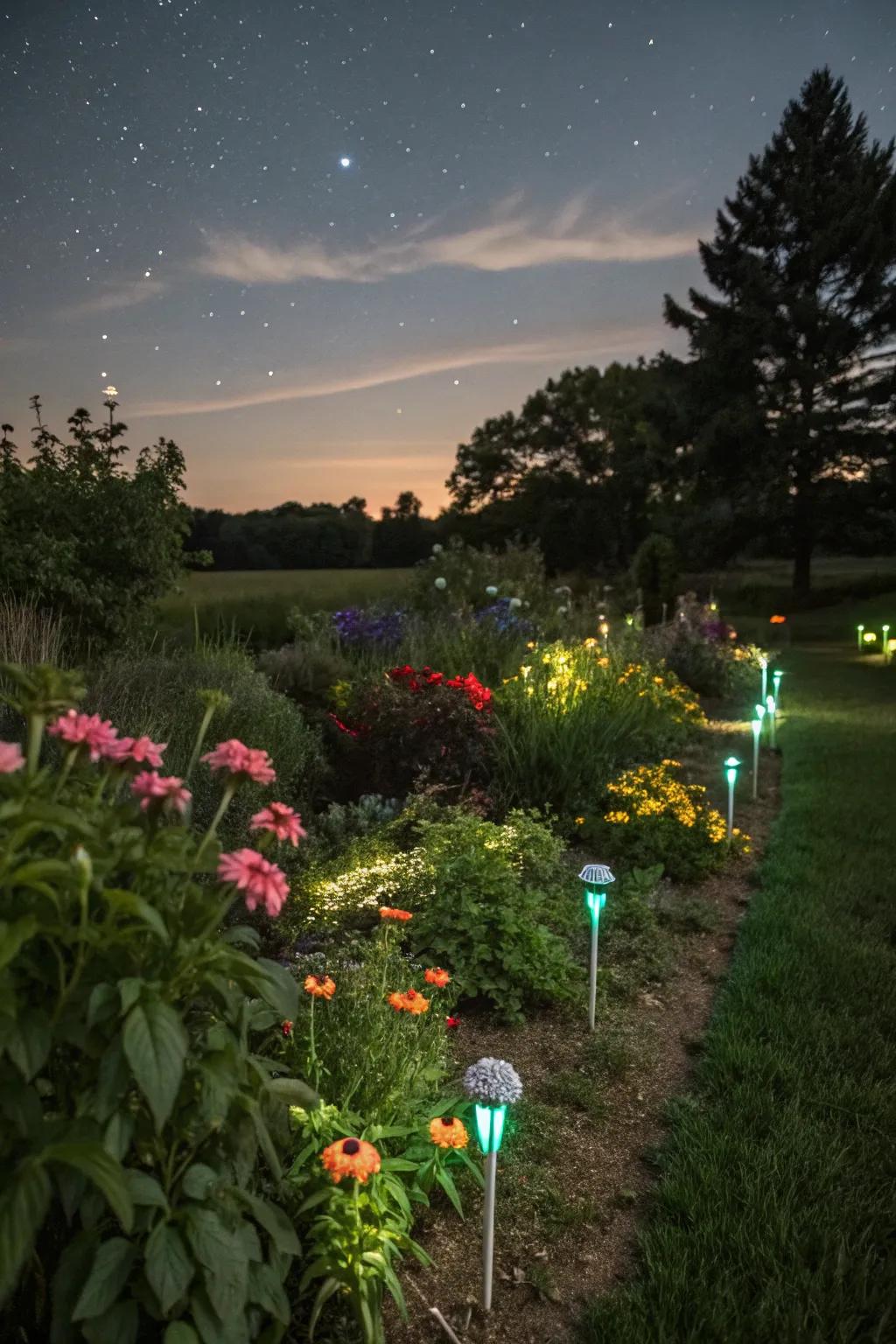 Glow-in-the-dark plant markers providing identification and decoration in the garden.